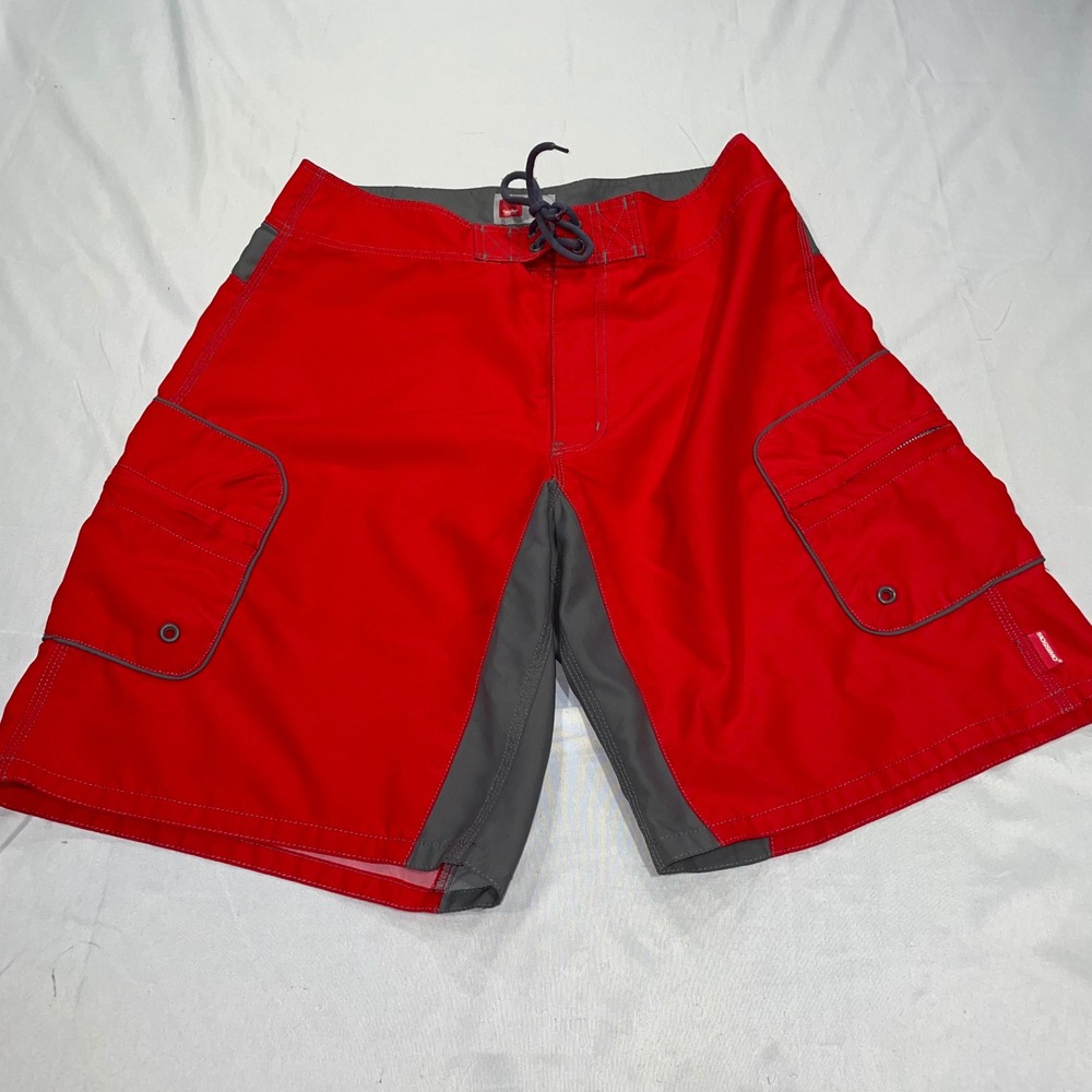 Mossimo Mens Red Gray Colorblock Cargo Board Shorts Swim Trunks Size 32